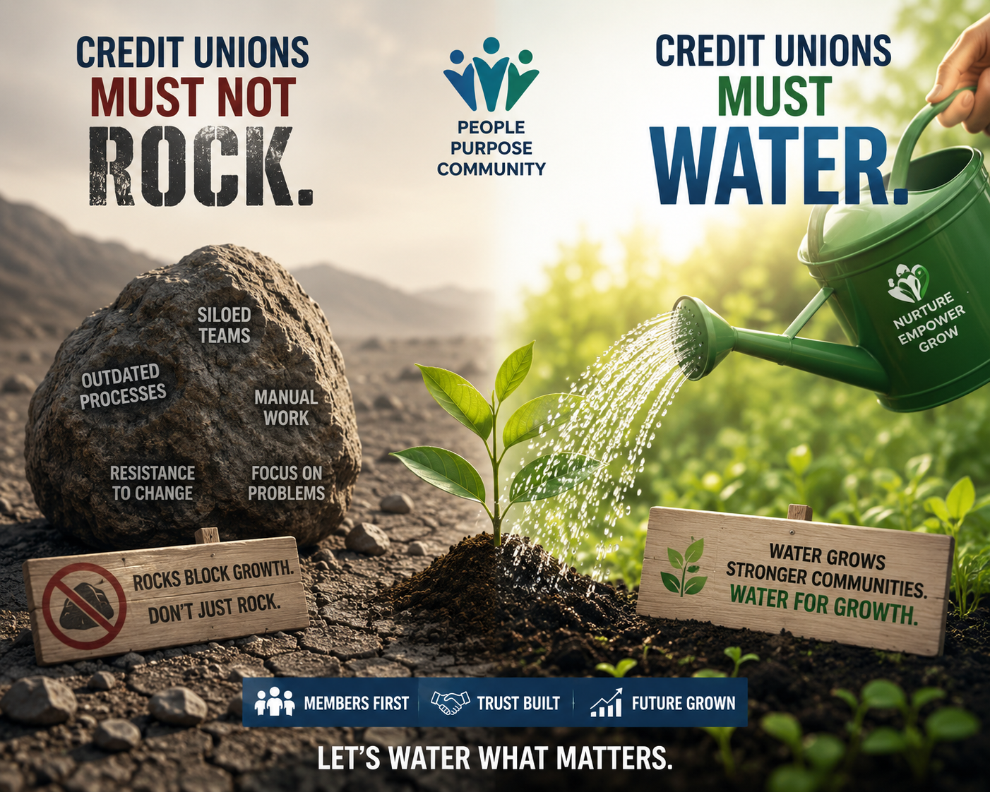Water Credit Union brand philosophy - Credit Unions Must Water, showing the contrast between rigid rock-like obstacles and nurturing water-like growth